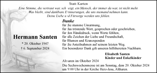 Traueranzeige von Hermann Santen von Neue Osnabrücker Zeitung GmbH & Co. KG