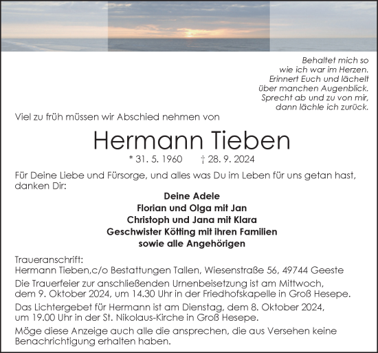 Traueranzeige von Hermann Tieben von Neue Osnabrücker Zeitung GmbH & Co. KG