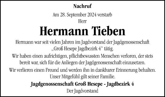 Traueranzeige von Hermann Tieben von Neue Osnabrücker Zeitung GmbH & Co. KG