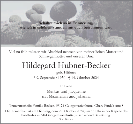 Traueranzeige von Hildegard Hübner-Becker von Neue Osnabrücker Zeitung GmbH & Co. KG