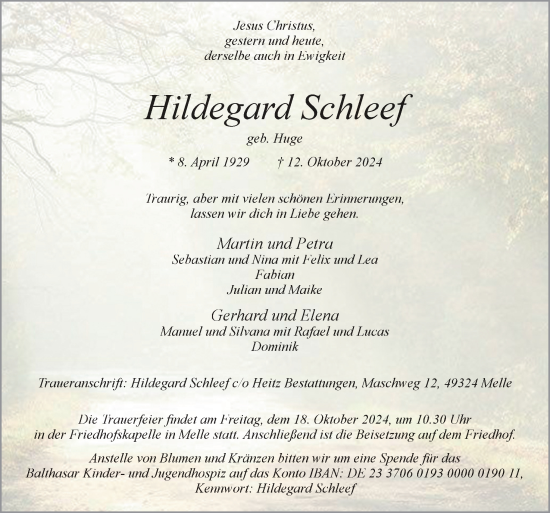 Traueranzeige von Hildegard Schleef von Neue Osnabrücker Zeitung GmbH & Co. KG