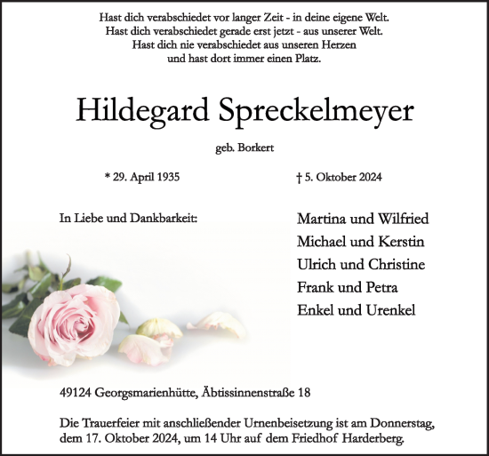 Traueranzeige von Hildegard Spreckelmeyer von Neue Osnabrücker Zeitung GmbH & Co. KG