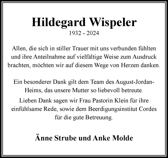 Traueranzeige von Hildegard Wispeler von DK Medien GmbH & Co. KG