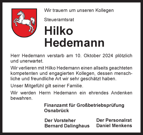 Traueranzeige von Hilko Hedemann von Neue Osnabrücker Zeitung GmbH & Co. KG