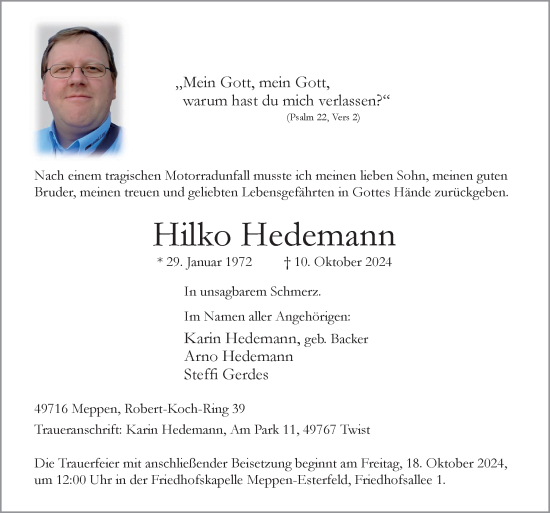 Traueranzeige von Hilko Hedemann von Neue Osnabrücker Zeitung GmbH & Co. KG