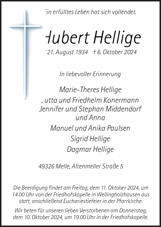 Traueranzeige von Hubert Hellige von Neue Osnabrücker Zeitung GmbH & Co. KG