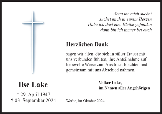 Traueranzeige von Ilse Lake von Neue Osnabrücker Zeitung GmbH & Co. KG