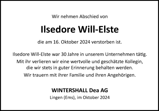 Traueranzeige von Ilsedore Will-Elste von Neue Osnabrücker Zeitung GmbH & Co. KG