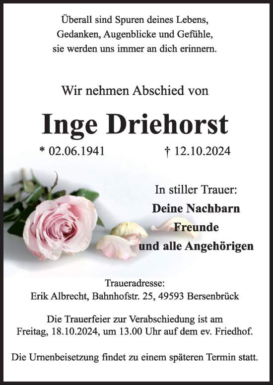 Traueranzeige von Inge Driehorst von Neue Osnabrücker Zeitung GmbH & Co. KG