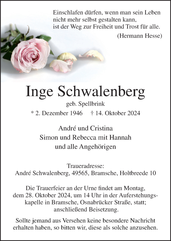 Traueranzeige von Inge Schwalenberg von Neue Osnabrücker Zeitung GmbH & Co. KG