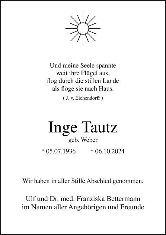 Traueranzeige von Inge Tautz von Neue Osnabrücker Zeitung GmbH & Co. KG