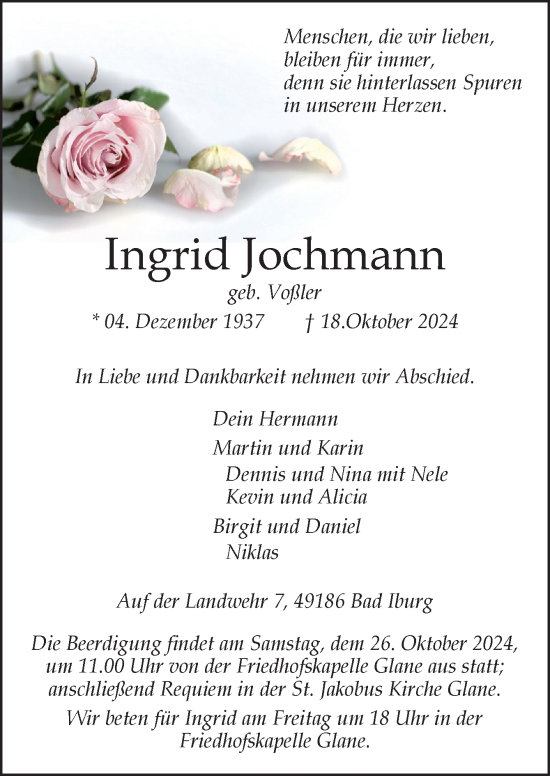 Traueranzeige von Ingrid Jochmann von Neue Osnabrücker Zeitung GmbH & Co. KG