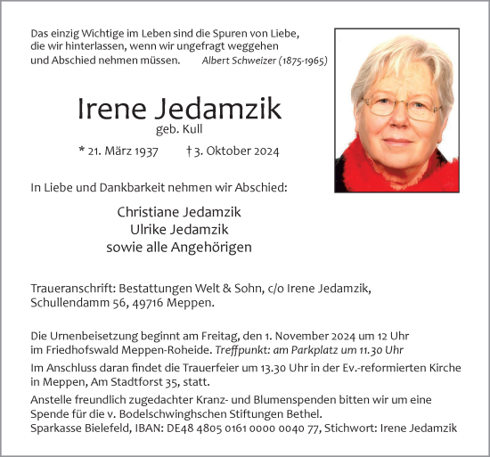 Traueranzeige von Irene Jedamzik von Neue Osnabrücker Zeitung GmbH & Co. KG