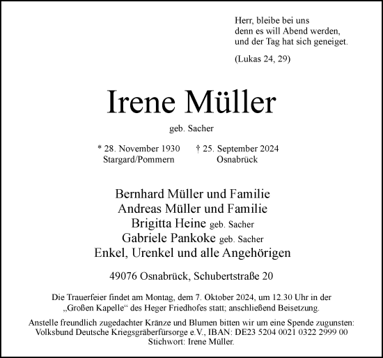 Traueranzeige von Irene Müller von Neue Osnabrücker Zeitung GmbH & Co. KG