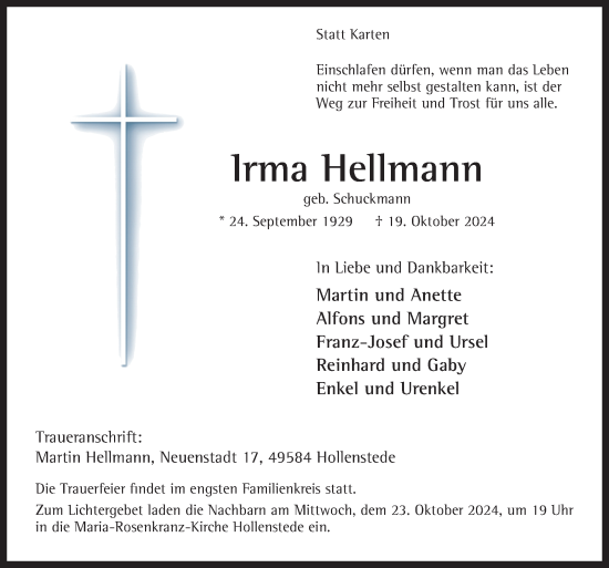 Traueranzeige von Irma Hellmann von Neue Osnabrücker Zeitung GmbH &amp; Co. KG