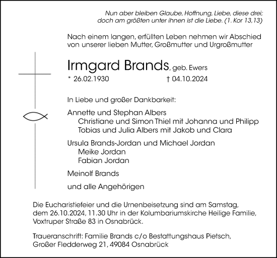 Traueranzeige von Irmgard Brands von Neue Osnabrücker Zeitung GmbH & Co. KG