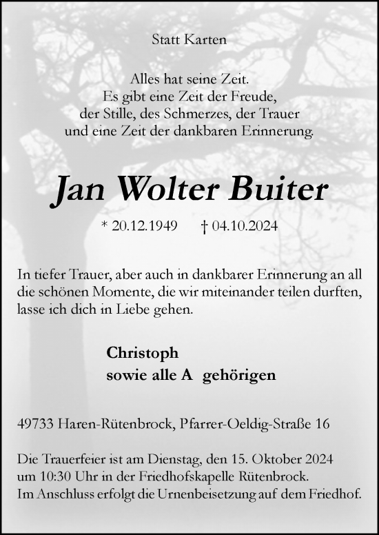 Traueranzeige von Jan Wolter Buiter von Neue Osnabrücker Zeitung GmbH & Co. KG