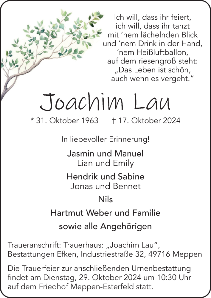  Traueranzeige für Joachim Lau vom 23.10.2024 aus Neue Osnabrücker Zeitung GmbH & Co. KG