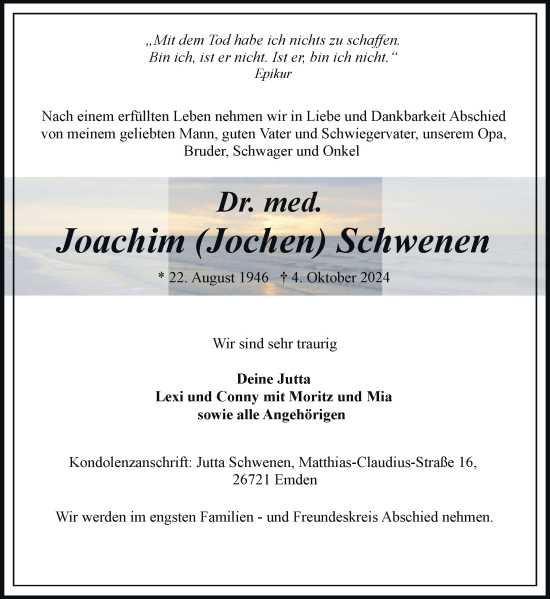 Traueranzeige von Joachim Schwenen von Neue Osnabrücker Zeitung GmbH & Co. KG