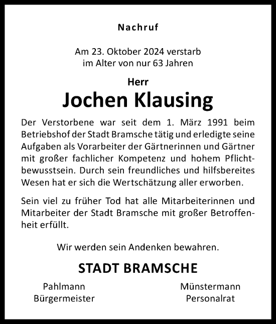 Traueranzeige von Jochen Klausing von Neue Osnabrücker Zeitung GmbH & Co. KG