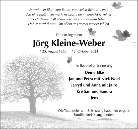 Traueranzeige von Jörg Kleine-Weber von Neue Osnabrücker Zeitung GmbH & Co. KG