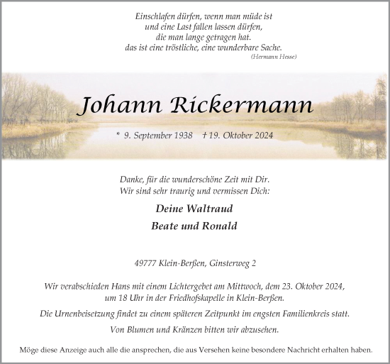 Traueranzeige von Johann Rickermann von Neue Osnabrücker Zeitung GmbH &amp; Co. KG