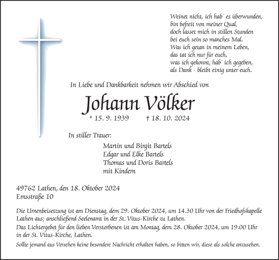 Traueranzeige von Johann Völker von Neue Osnabrücker Zeitung GmbH & Co. KG