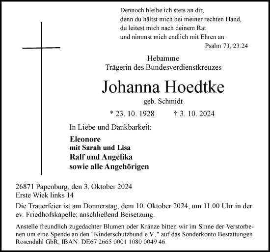 Traueranzeige von Johanna Hoedtke von Neue Osnabrücker Zeitung GmbH & Co. KG