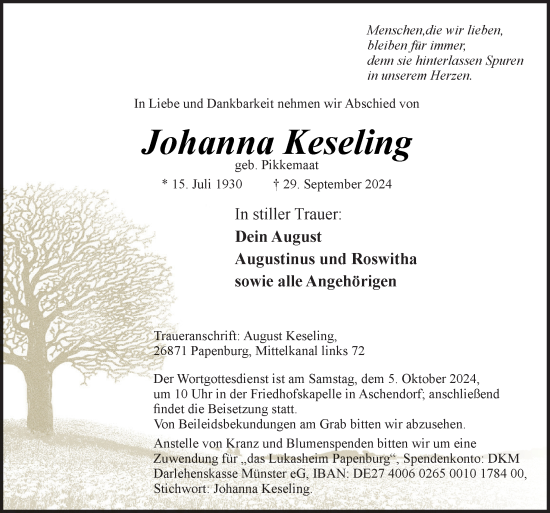 Traueranzeige von Johanna Keseling von Neue Osnabrücker Zeitung GmbH & Co. KG