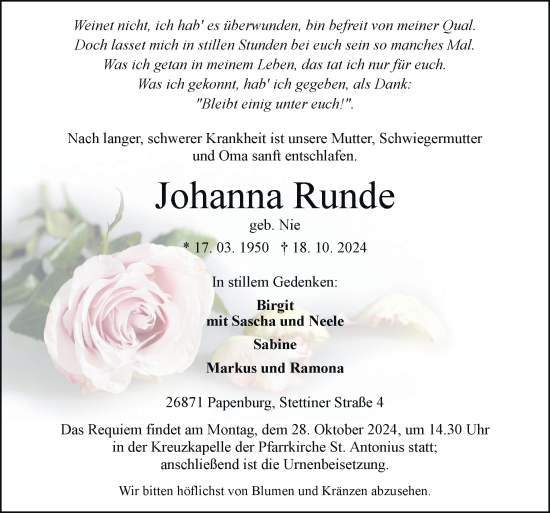 Traueranzeige von Johanna Runde von Neue Osnabrücker Zeitung GmbH & Co. KG