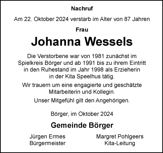 Traueranzeige von Johanna Wessels von Neue Osnabrücker Zeitung GmbH & Co. KG