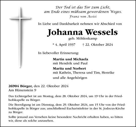 Traueranzeige von Johanna Wessels von Neue Osnabrücker Zeitung GmbH & Co. KG