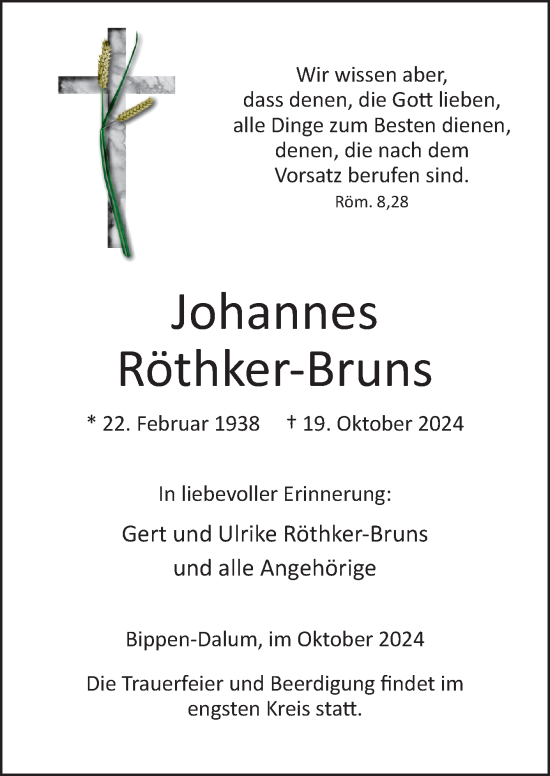 Traueranzeige von Johannes Röthker-Bruns von Neue Osnabrücker Zeitung GmbH & Co. KG