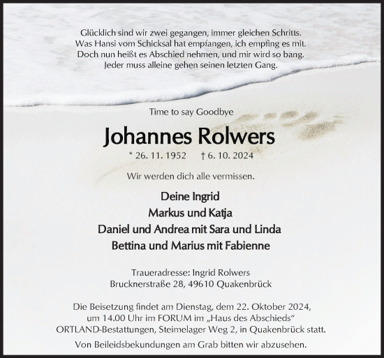 Traueranzeige von Johannes Rolwers von Neue Osnabrücker Zeitung GmbH & Co. KG