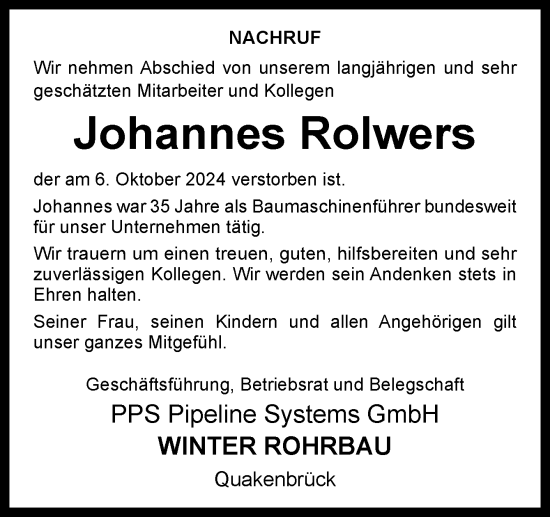 Traueranzeige von Johannes Rolwers von Neue Osnabrücker Zeitung GmbH & Co. KG