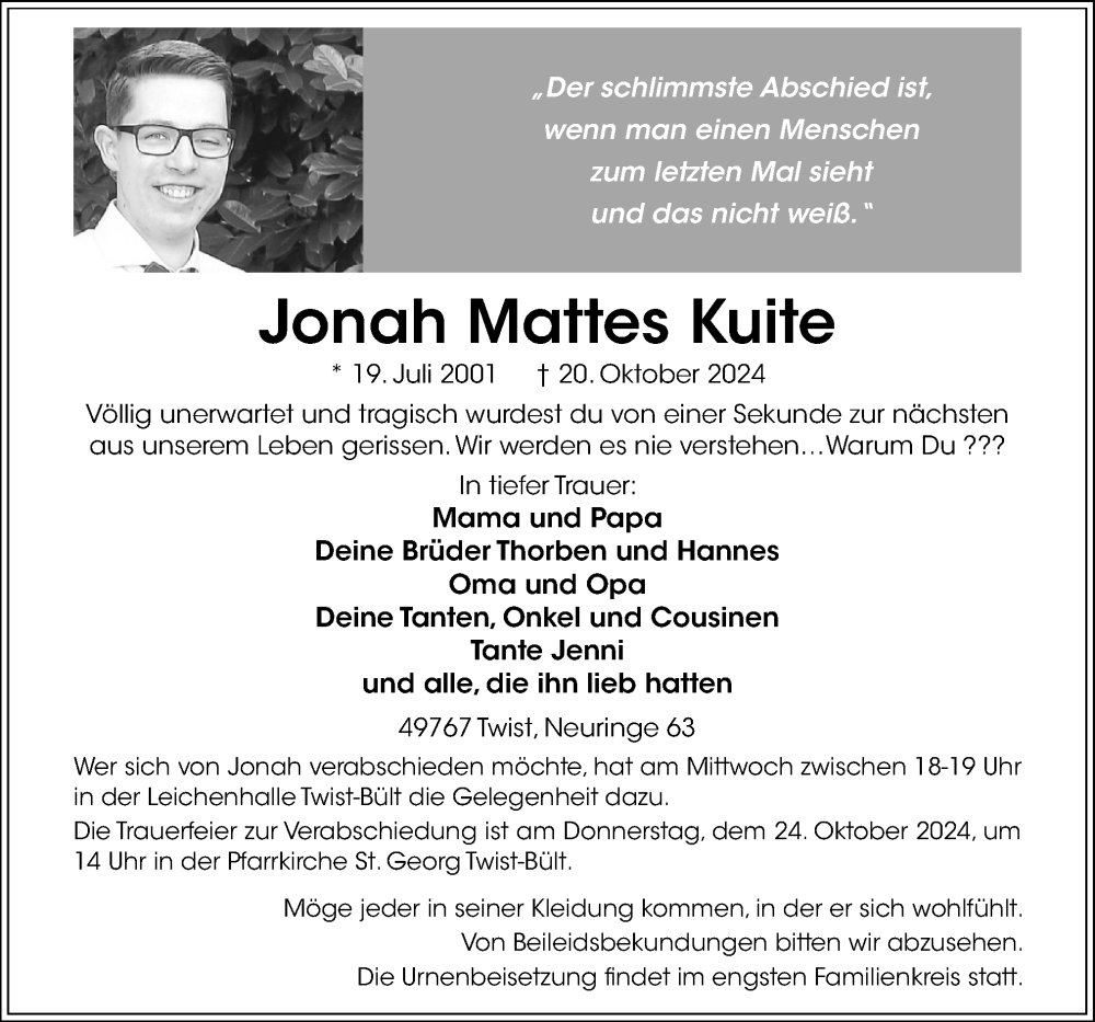  Traueranzeige für Jonah Mattes Kuite vom 22.10.2024 aus Neue Osnabrücker Zeitung GmbH & Co. KG