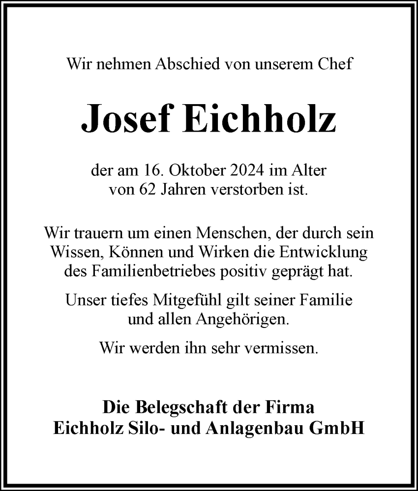  Traueranzeige für Josef Eichholz vom 19.10.2024 aus Neue Osnabrücker Zeitung GmbH & Co. KG