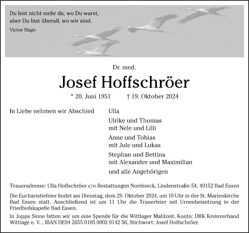  Traueranzeige für Josef Hoffschröer vom 26.10.2024 aus Neue Osnabrücker Zeitung GmbH & Co. KG