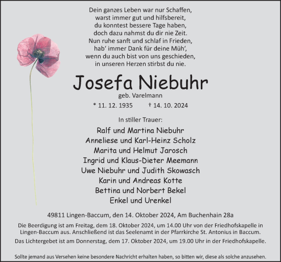 Traueranzeige von Josefa Niebuhr von Neue Osnabrücker Zeitung GmbH & Co. KG