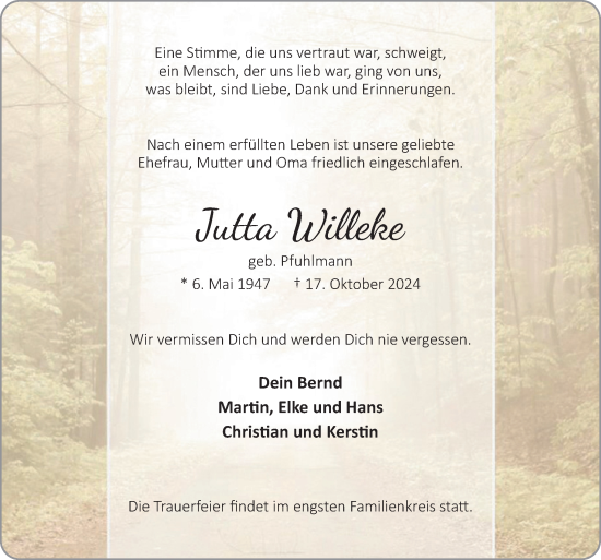 Traueranzeige von Jutta Willeke von Neue Osnabrücker Zeitung GmbH & Co. KG