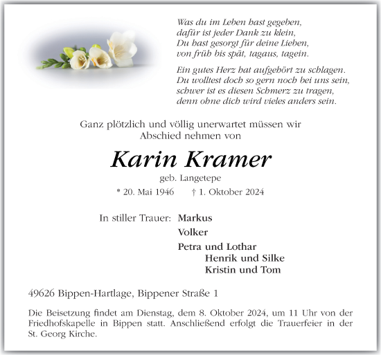 Traueranzeige von Karin Kramer von Neue Osnabrücker Zeitung GmbH & Co. KG