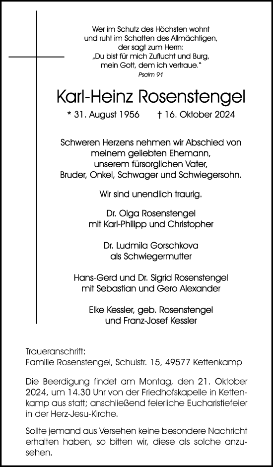 Traueranzeige von Karl-Heinz Rosenstengel von Neue Osnabrücker Zeitung GmbH & Co. KG