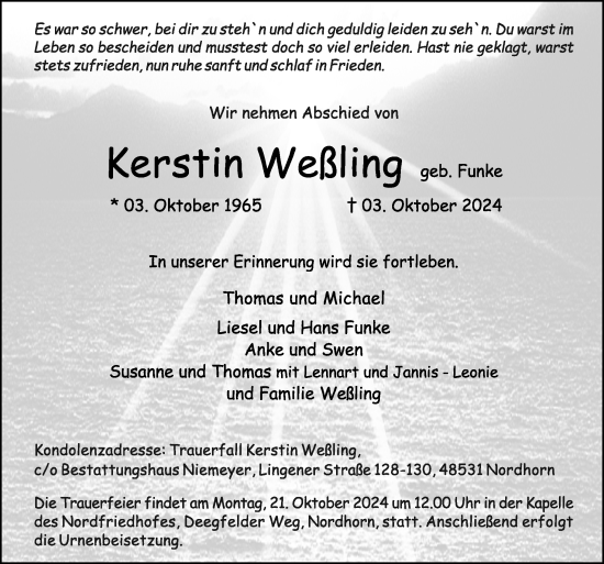 Traueranzeige von Kerstin Weßling von Neue Osnabrücker Zeitung GmbH & Co. KG