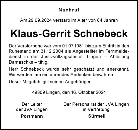 Traueranzeige von Klaus-Gerrit Schnebeck von Neue Osnabrücker Zeitung GmbH & Co. KG