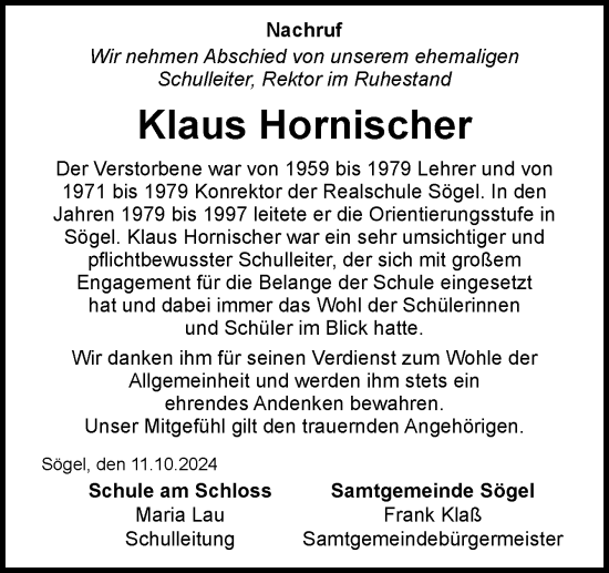 Traueranzeige von Klaus Hornischer von Neue Osnabrücker Zeitung GmbH & Co. KG