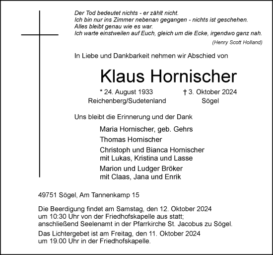 Traueranzeige von Klaus Hornischer von Neue Osnabrücker Zeitung GmbH & Co. KG