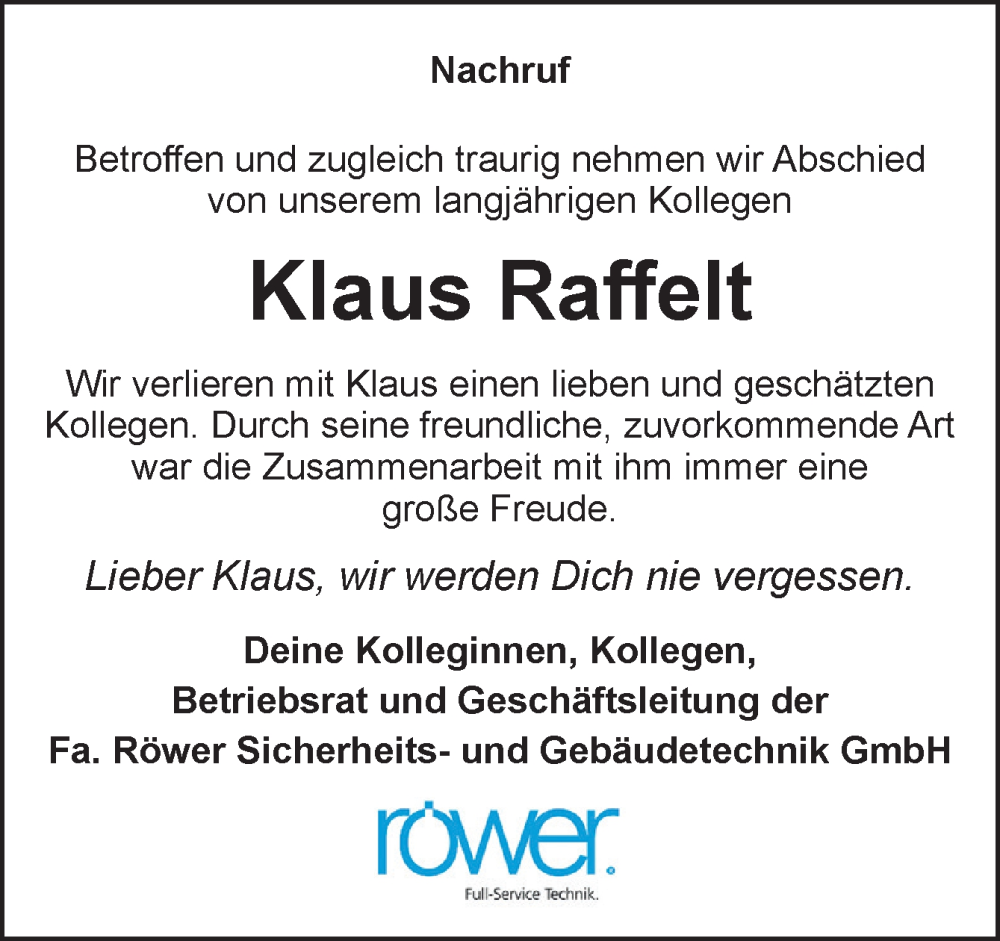  Traueranzeige für Klaus Raffelt vom 08.10.2024 aus Neue Osnabrücker Zeitung GmbH & Co. KG