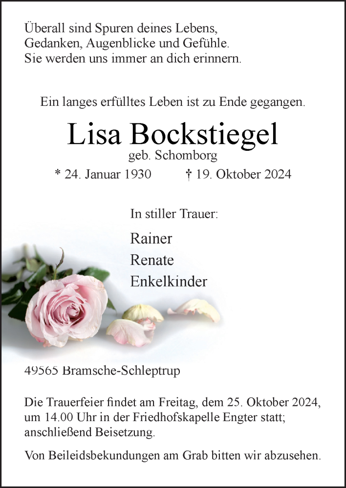  Traueranzeige für Lisa Bockstiegel vom 23.10.2024 aus Neue Osnabrücker Zeitung GmbH & Co. KG