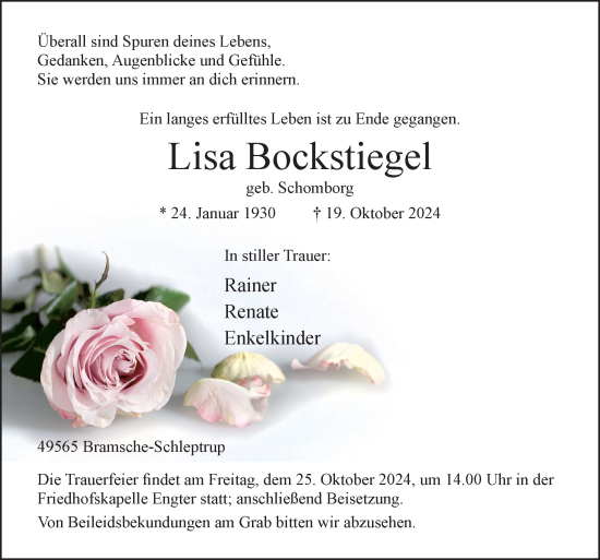 Traueranzeige von Lisa Bockstiegel von Neue Osnabrücker Zeitung GmbH & Co. KG