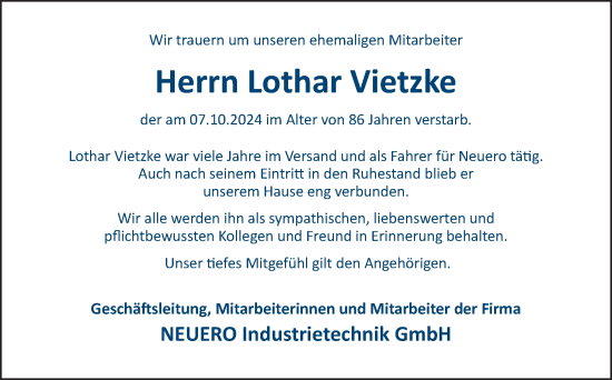 Traueranzeige von Lothar Vietzke von Neue Osnabrücker Zeitung GmbH & Co. KG